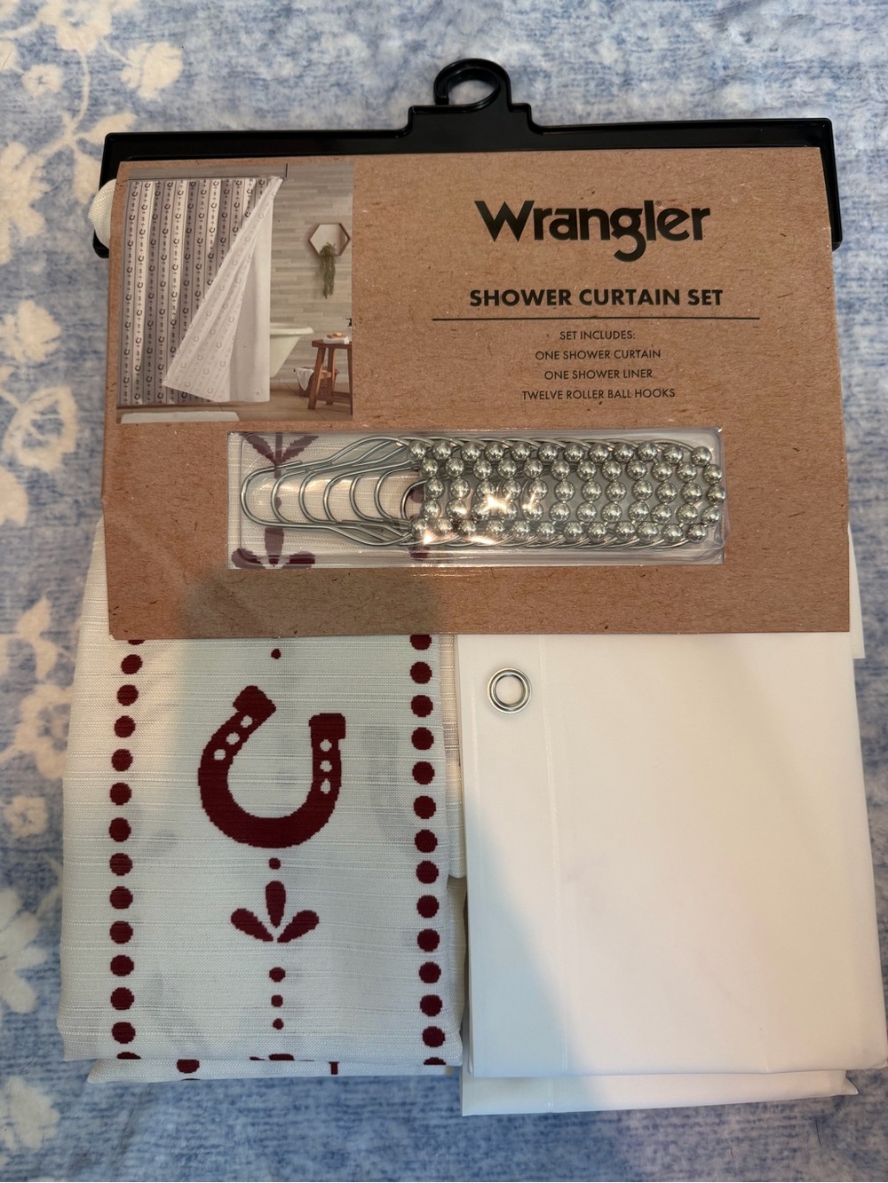 Wrangler White and Burgundy Horseshoe Shower Curtain Set